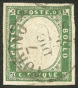 Antichi Stati Italiani - Sardegna - 1855 - 5 cent (13c - verde pisello)