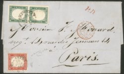 Antichi Stati Italiani - Sardegna - Coppia del 5 cent verde smeraldo + 40 cent vermiglio (13d + 16a)