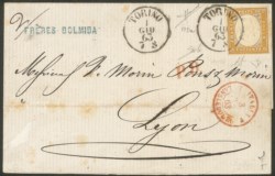 Antichi Stati Italiani - Sardegna - 80 cent giallo (17Da) su involucro di lettera da Torino a Lione del 1.6.63