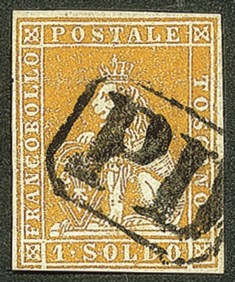 Antichi Stati Italiani - Toscana - 1851 - 1 soldo bistro su azzurro (2b) usato (PD in cartella)